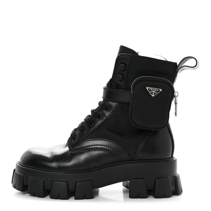 Prada Spazzolato Rois Re-Nylon Metal Triangle Logo Mens Monolith Pouch Pocket 60mm Combat Boots 7 Black 1 of 13