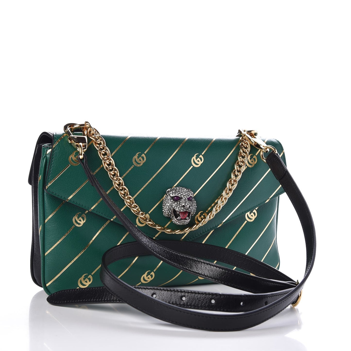 Calfskin Diagonal GG Medium Thiara Double Envelope Shoulder Bag Emerald Green Black