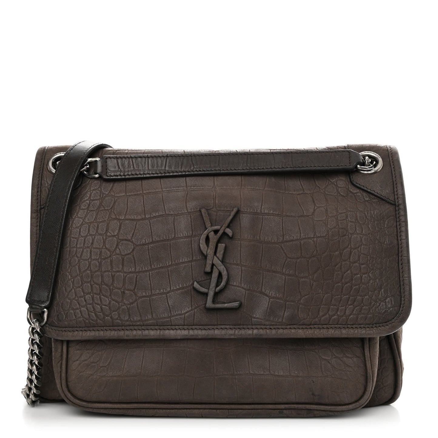 Nubuck Crocodile Embossed Monogram Medium Niki Chain Satchel Wood
