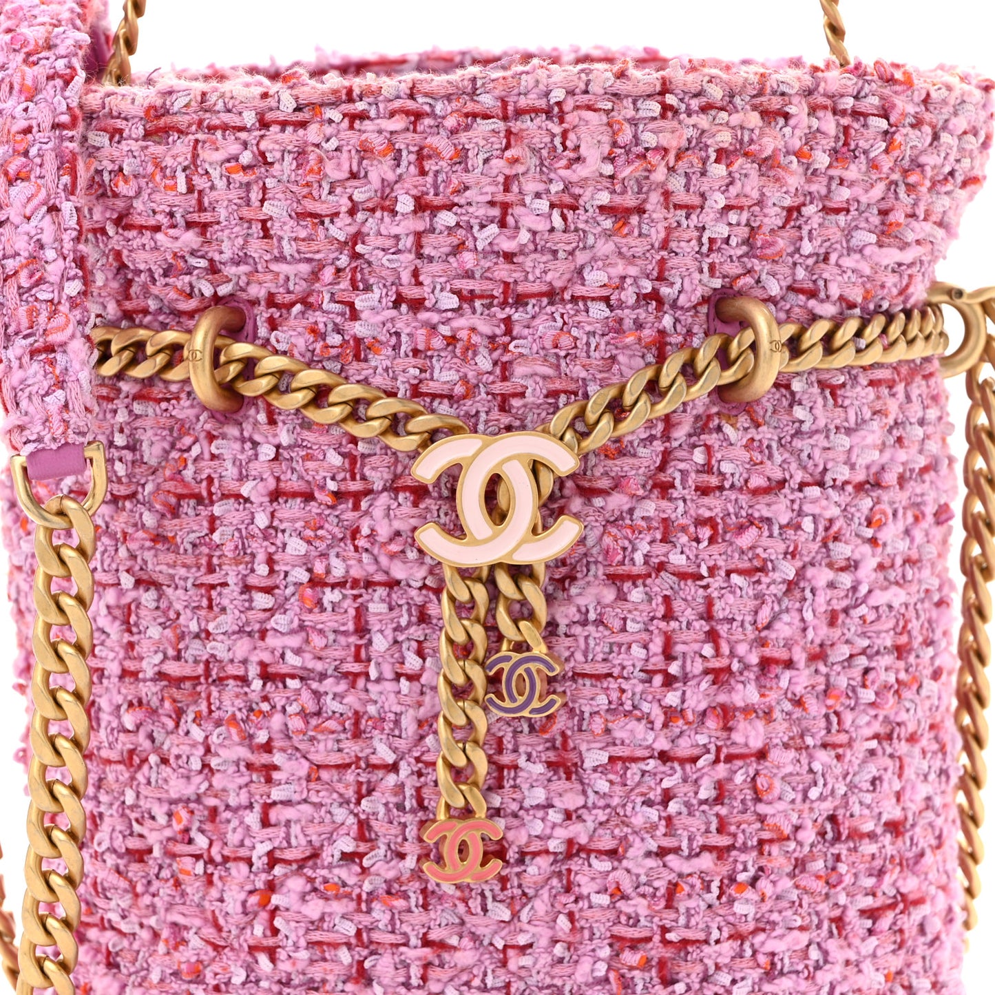 Tweed Enamel Quilted Pending CC Bucket Drawstring Bag Light Purple Pink Red