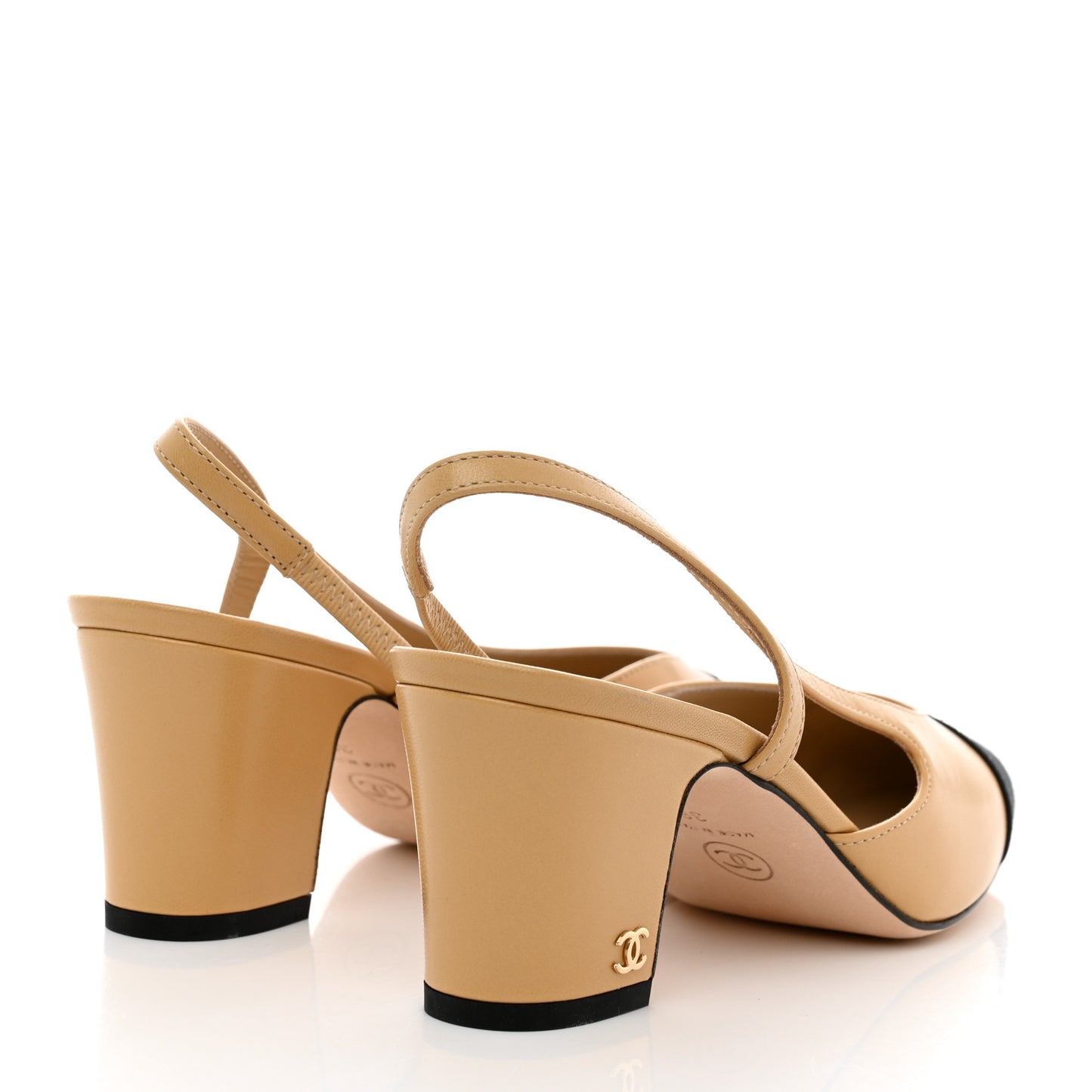 Goatskin Grosgrain Cap Toe CC Slingback Pumps 36 Beige Black