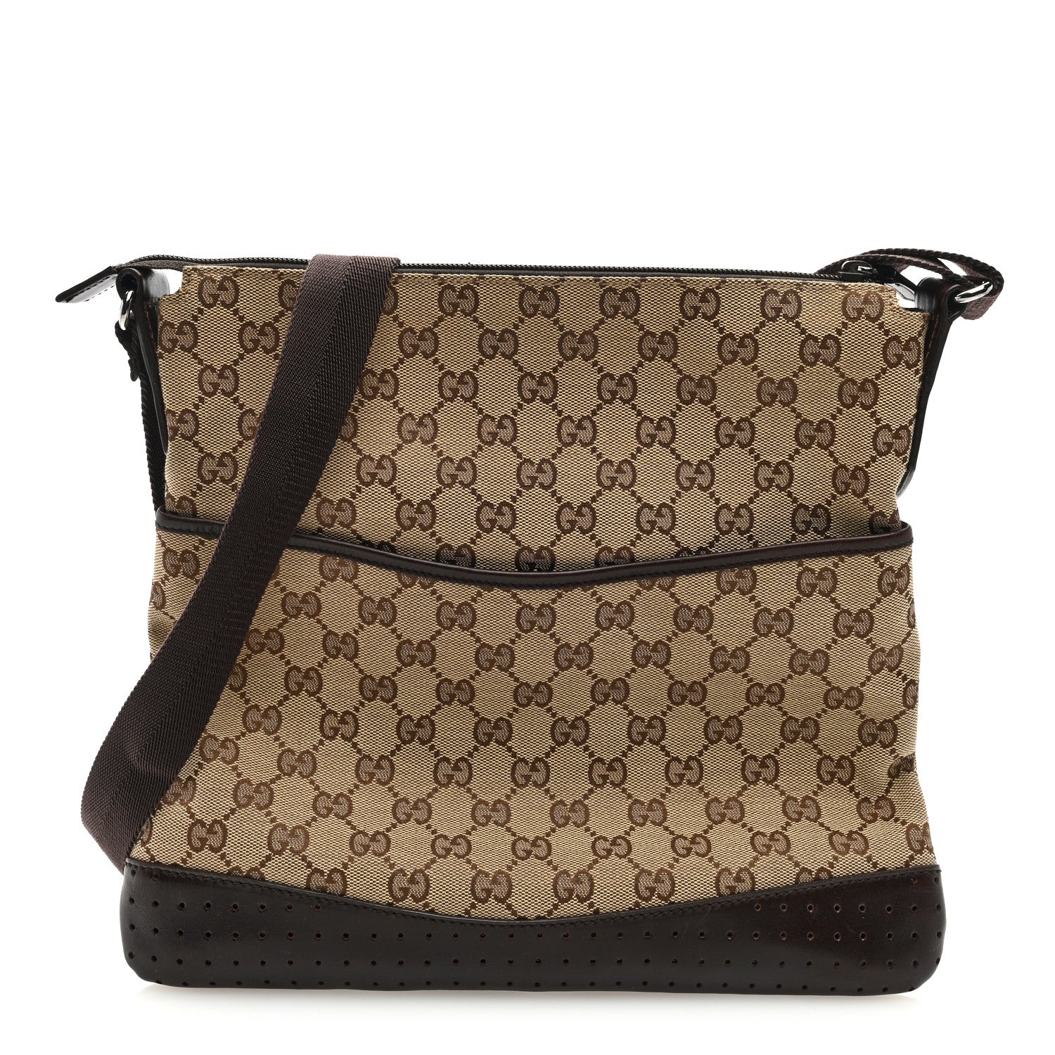 Gucci Monogram Calfskin Perforated Medium Flat Messenger Bag Dark Brown 1 of 8