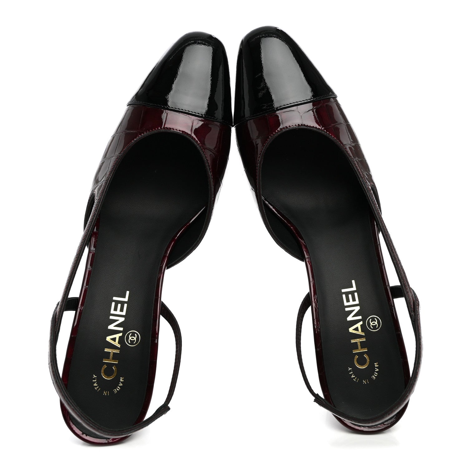 Chanel Patent Calfskin Crocodile Embossed Cap Toe CC Slingback Pumps 41 Dark Burgundy Black 6 of 10
