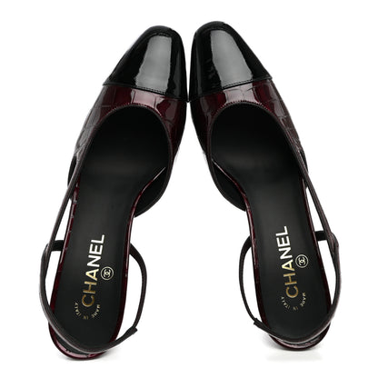 Chanel Patent Calfskin Crocodile Embossed Cap Toe CC Slingback Pumps 41 Dark Burgundy Black 6 of 10