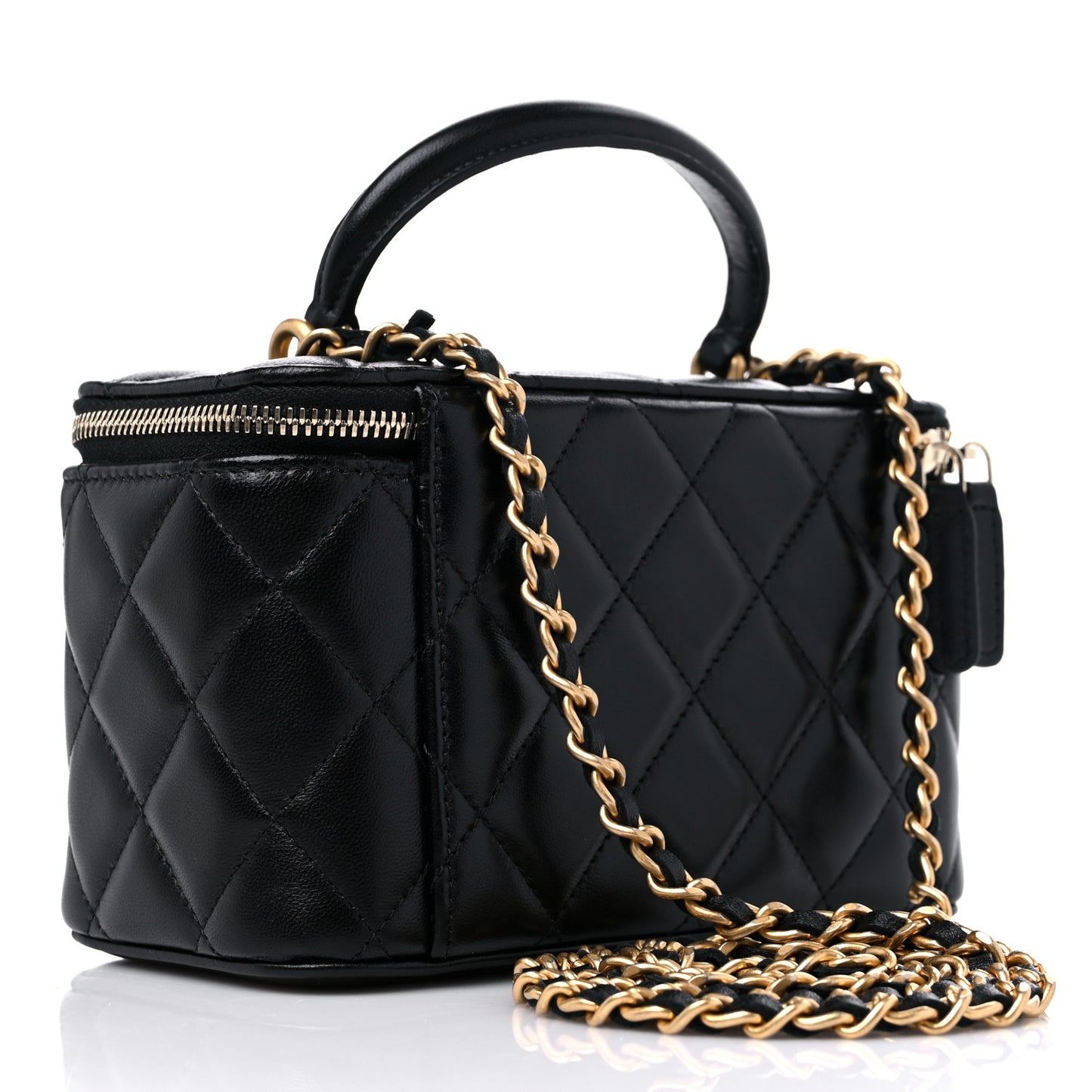 Lambskin Quilted Small Top Handle Vanity Case With Chain Black
