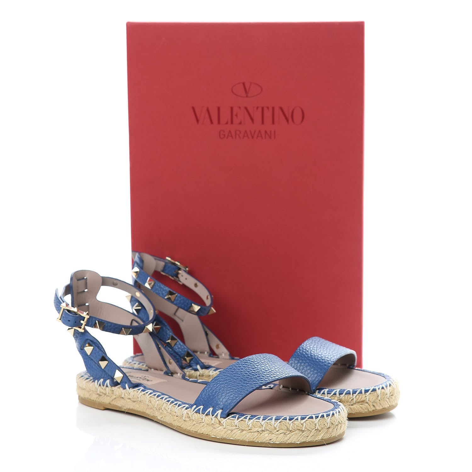 Valentino Garavani Grained Calfskin Rockstud Ankle Strap Espadrille Flat Sandals 37 Baltique 9 of 9