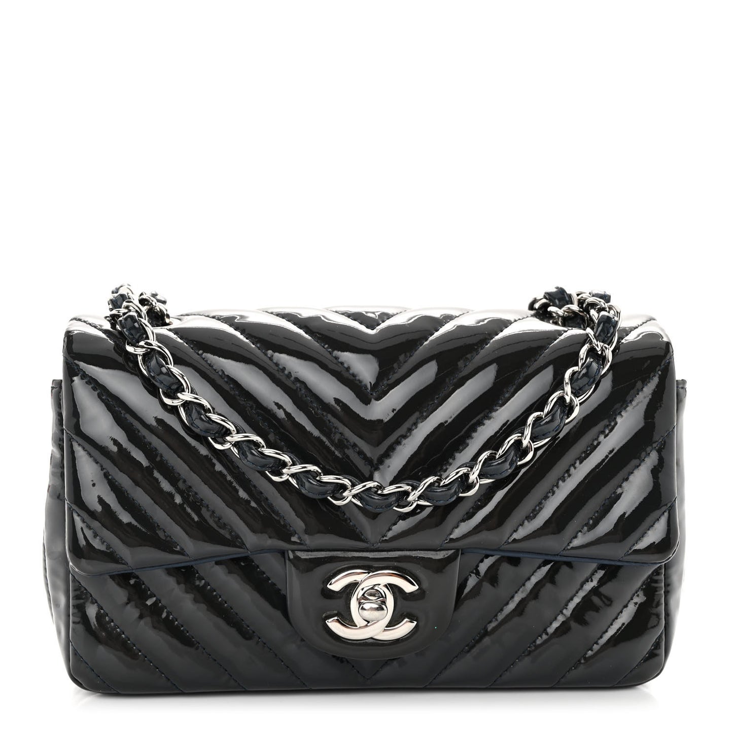 Patent Calfskin Chevron Quilted Mini Rectangular Flap Navy Blue