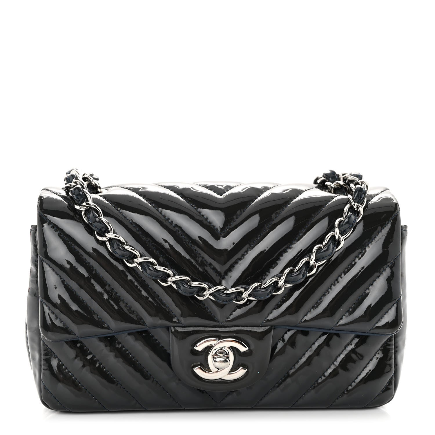 Chanel Patent Calfskin Chevron Quilted Mini Rectangular Flap Navy Blue 1 of 12