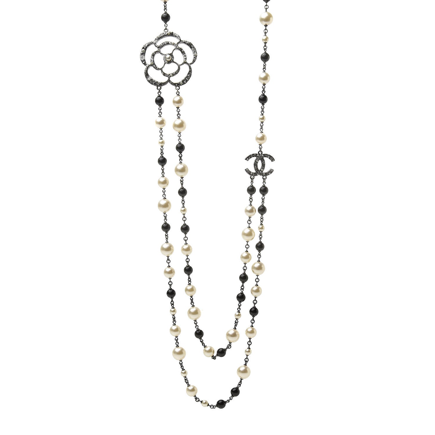 Chanel Pearl Crystal Camellia CC Long Necklace Silver 1 of 7