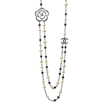 Chanel Pearl Crystal Camellia CC Long Necklace Silver 1 of 7
