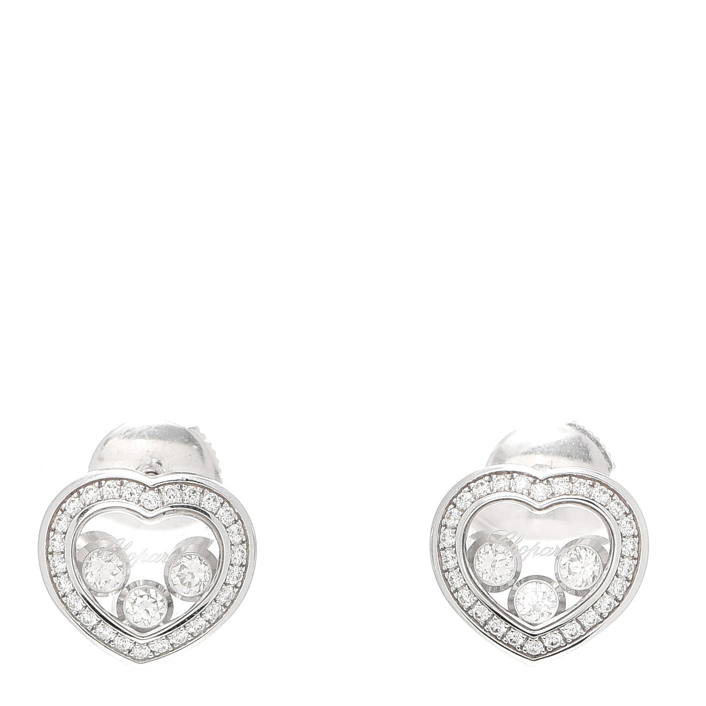 18K White Gold Diamond 3 Floating Happy Diamonds Heart Earrings