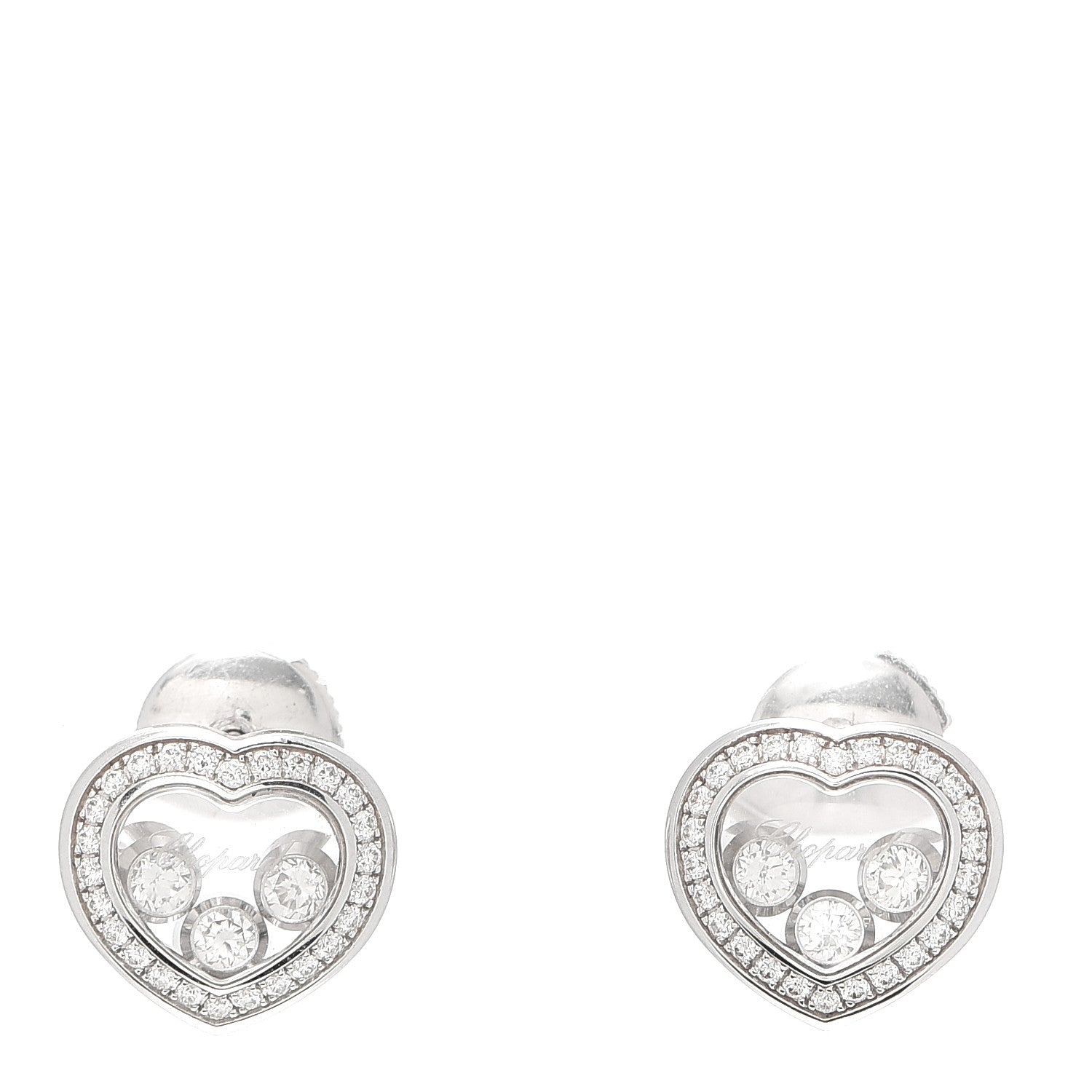 Chopard 18K White Gold Diamond 3 Floating Happy Diamonds Heart Earrings 1 of 4