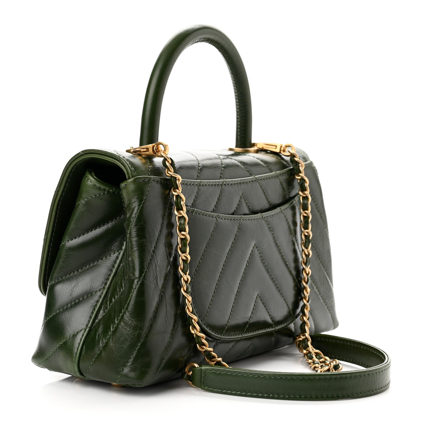 Calfskin Chevron Quilted Mini Coco Handle Flap Green