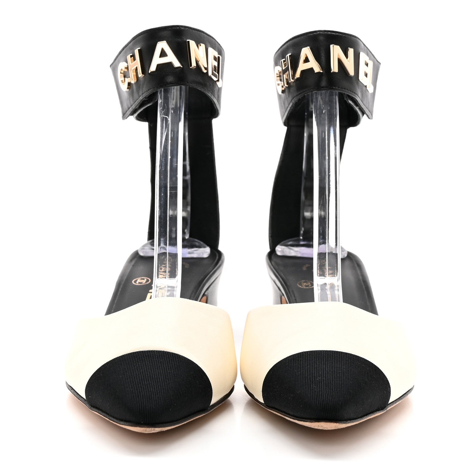 Chanel Lambskin Grosgrain Cap Toe Logo Ankle Strap Pumps 38 White Black 2 of 18