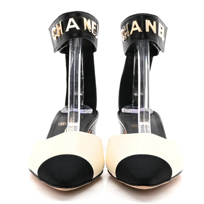 Chanel Lambskin Grosgrain Cap Toe Logo Ankle Strap Pumps 38 White Black 2 of 18