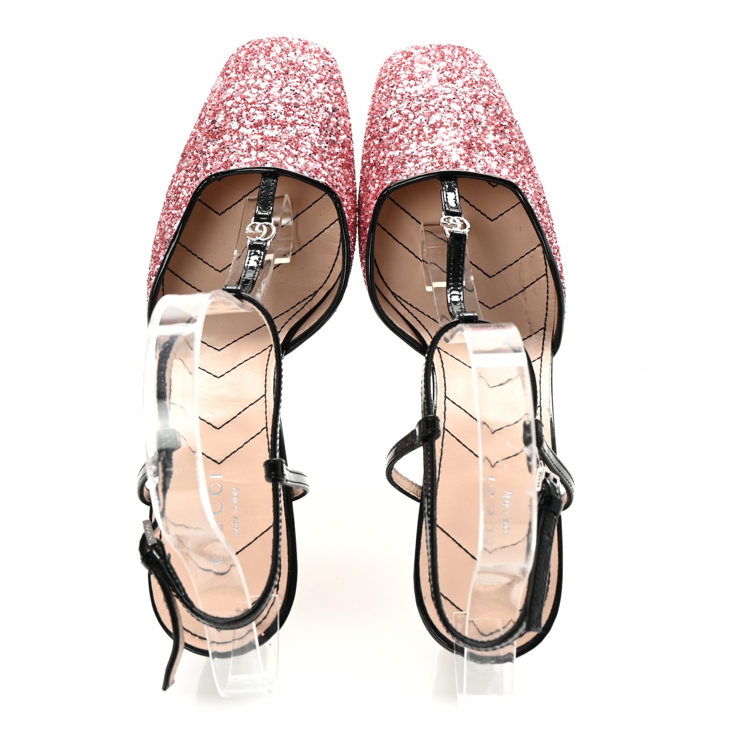 Calfskin Glitter Double G 55mm Slingback Pumps 38.5 Black Pink Glitter