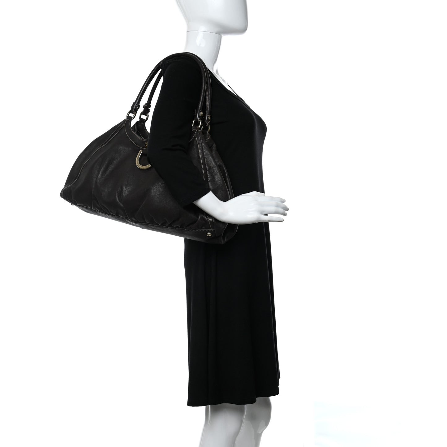Calfskin Large D Gold Ring Shoulder Bag Chocolate