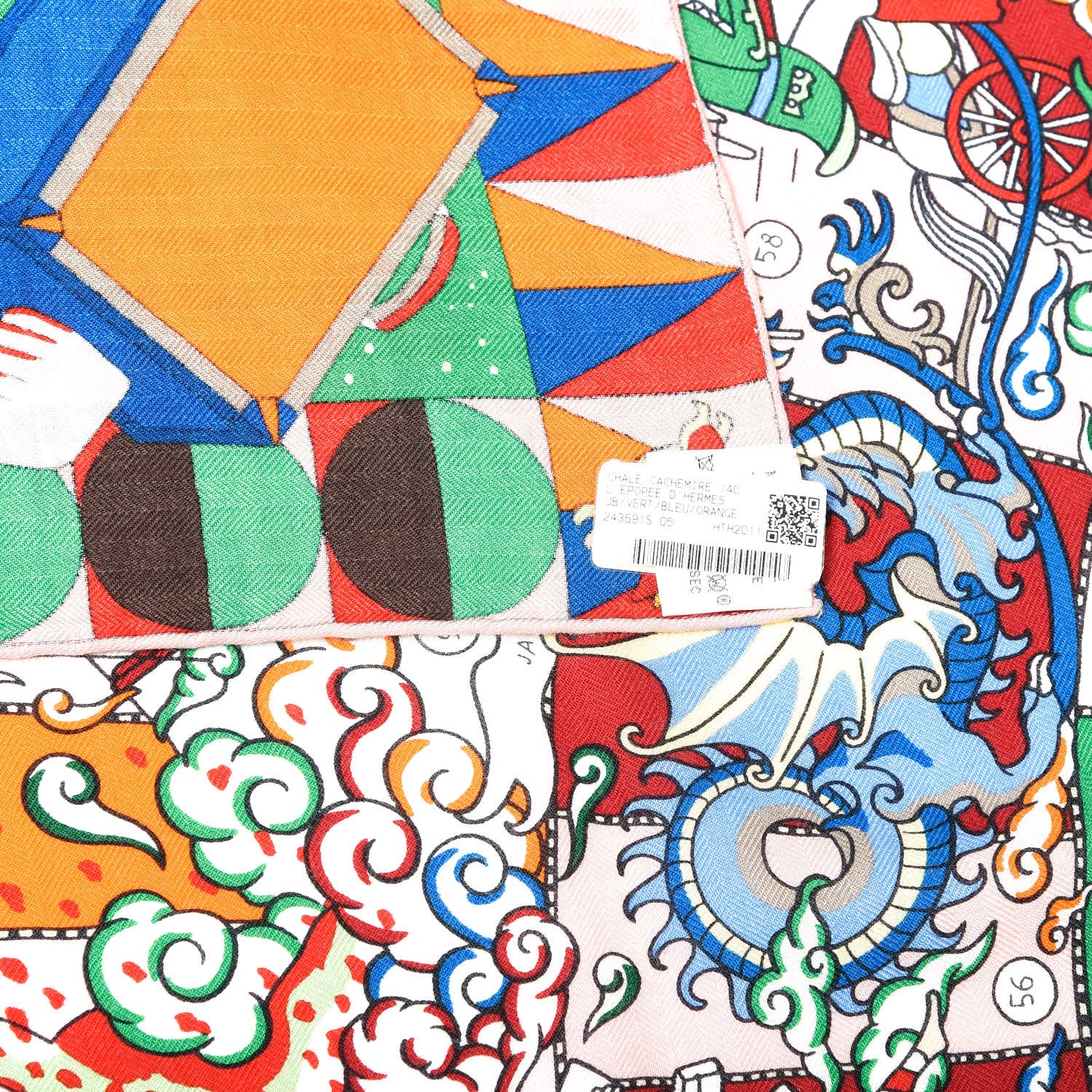 Hermes Cashmere Silk L'Epopee D' Hermes Shawl 140 Vert Bleu Orange 6 of 7