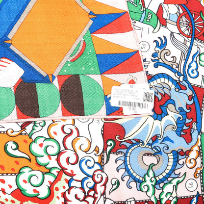 Hermes Cashmere Silk L'Epopee D' Hermes Shawl 140 Vert Bleu Orange 6 of 7