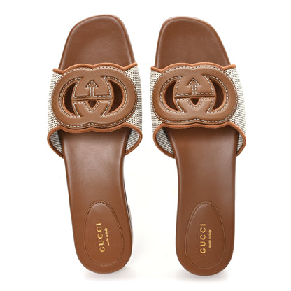 Gucci Canvas Rice Cosmos Softy Calfskin Interlocking G Cut Out Slide Sandals 39.5 Brown Natural Sundial 2 of 8