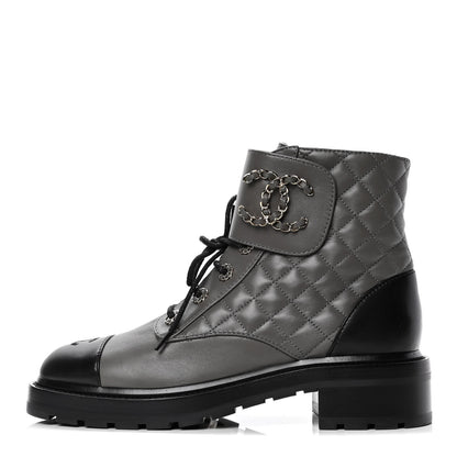 Chanel Shiny Lambskin Quilted Lace Up Combat Boots 40.5 Grey Black 1 of 4
