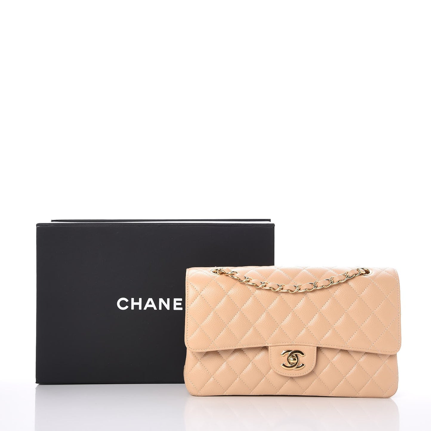 Caviar Quilted Medium Double Flap Beige Clair