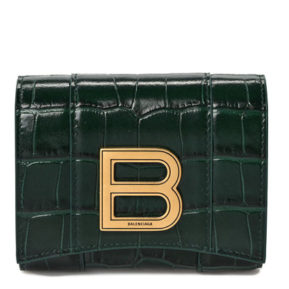 Balenciaga Shiny Calfskin Crocodile Embossed Hourglass Compact Wallet Forest Green 1 of 7
