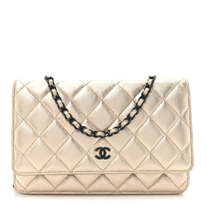Chanel Metallic Lambskin Quilted Wallet On Chain WOC Gold Black 1 of 13
