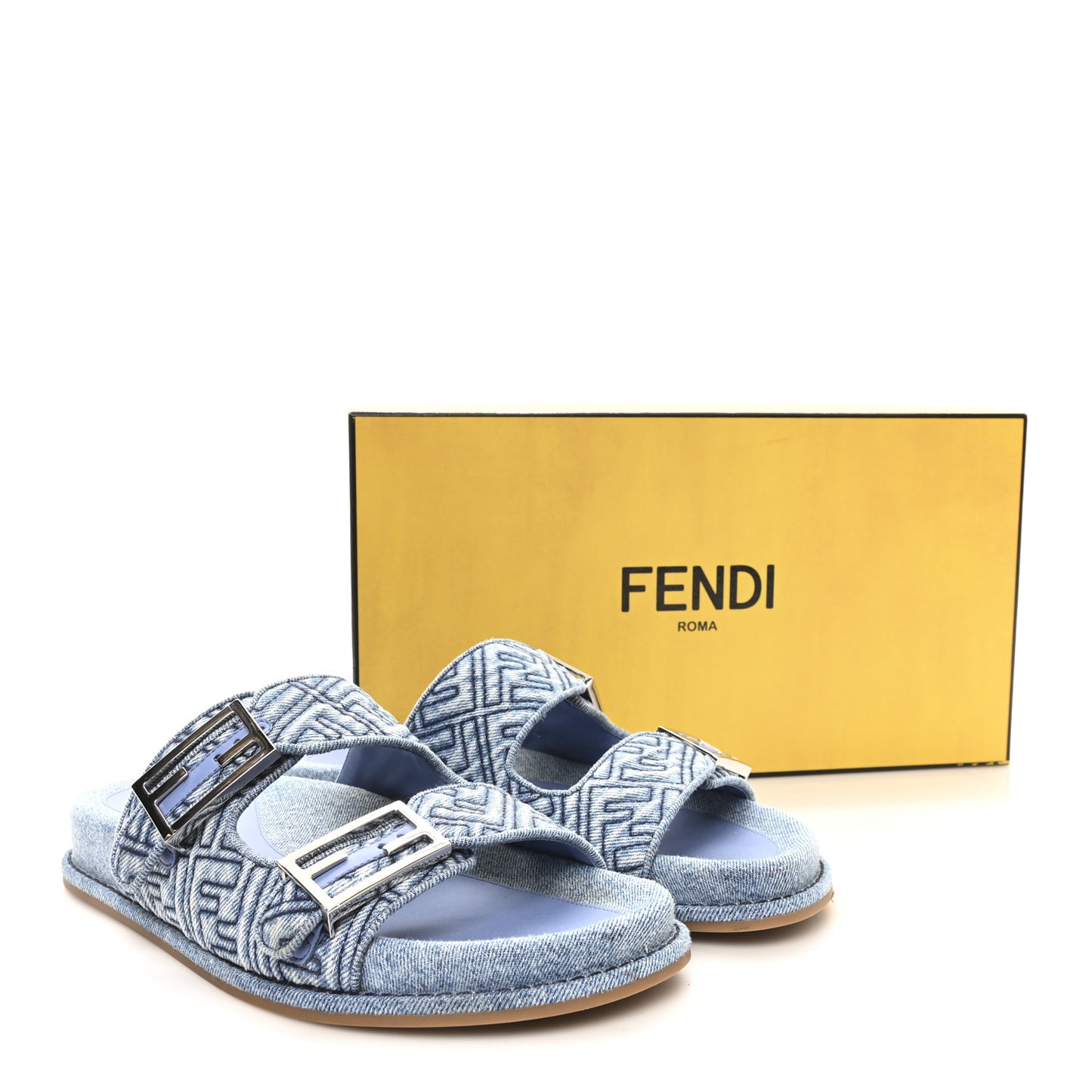 Denim FF Quilted Fendi Feel Buckled Slide Sandals 40 Blue