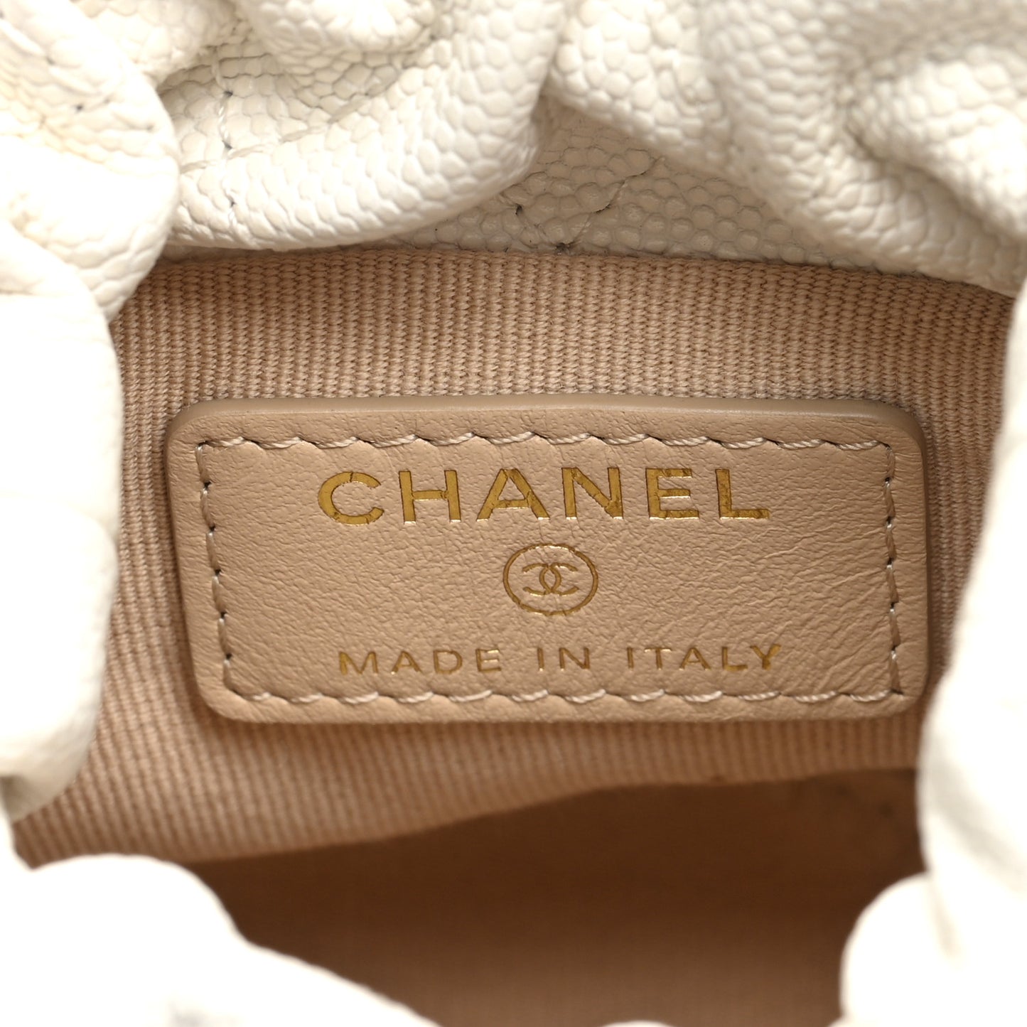 Caviar Quilted Twist Your Buttons Mini Bucket Bag White