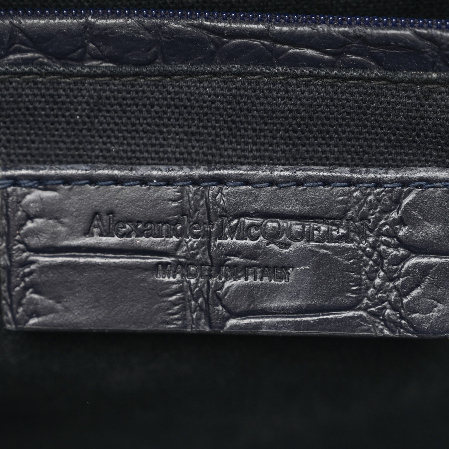 Alexander McQueen Calfskin Crocodile Embossed Small Skull Padlock Zip Around Tote Navy Blue 6 of 10