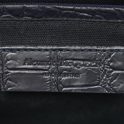 Alexander McQueen Calfskin Crocodile Embossed Small Skull Padlock Zip Around Tote Navy Blue 6 of 10