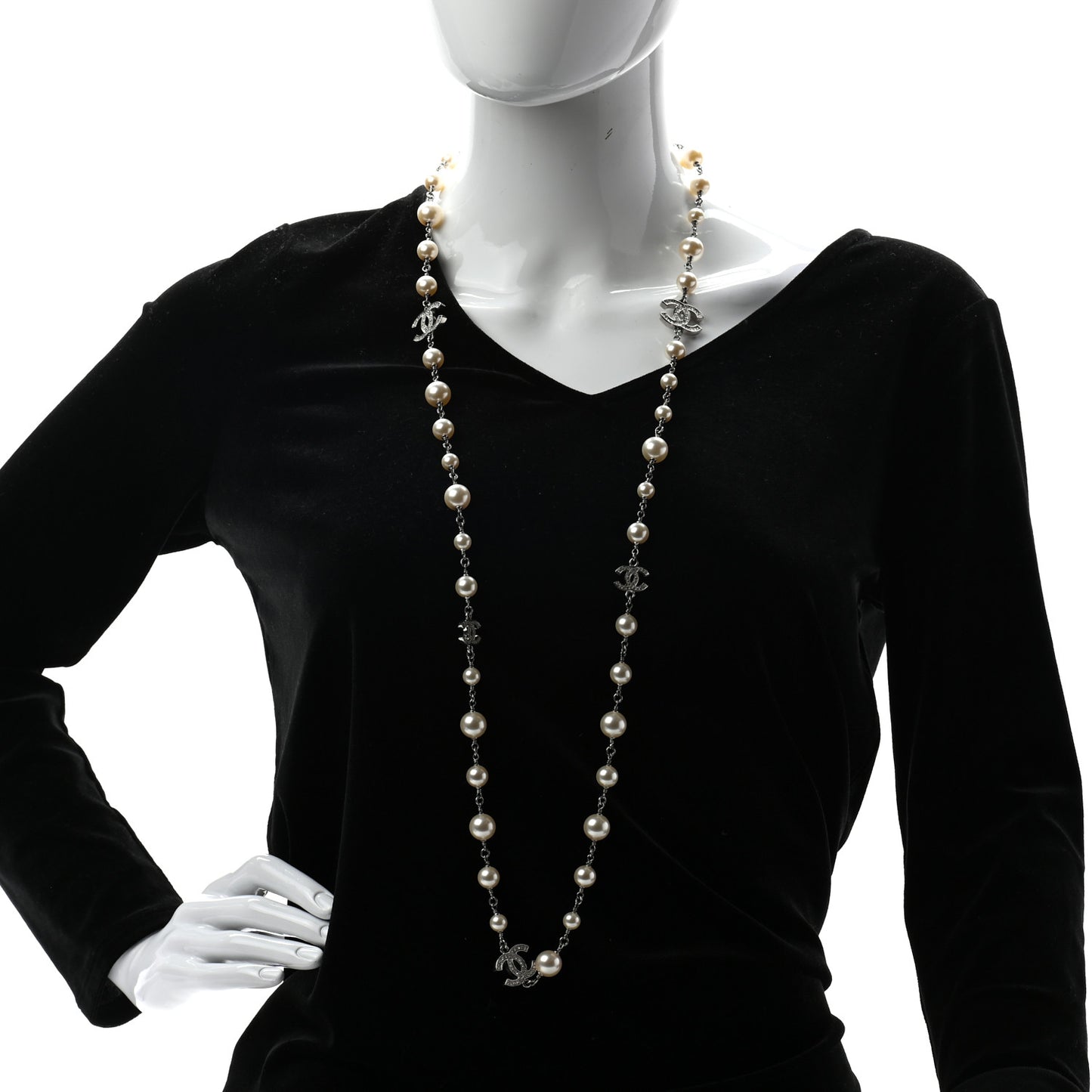 Crystal Pearl CC Long Necklace Silver