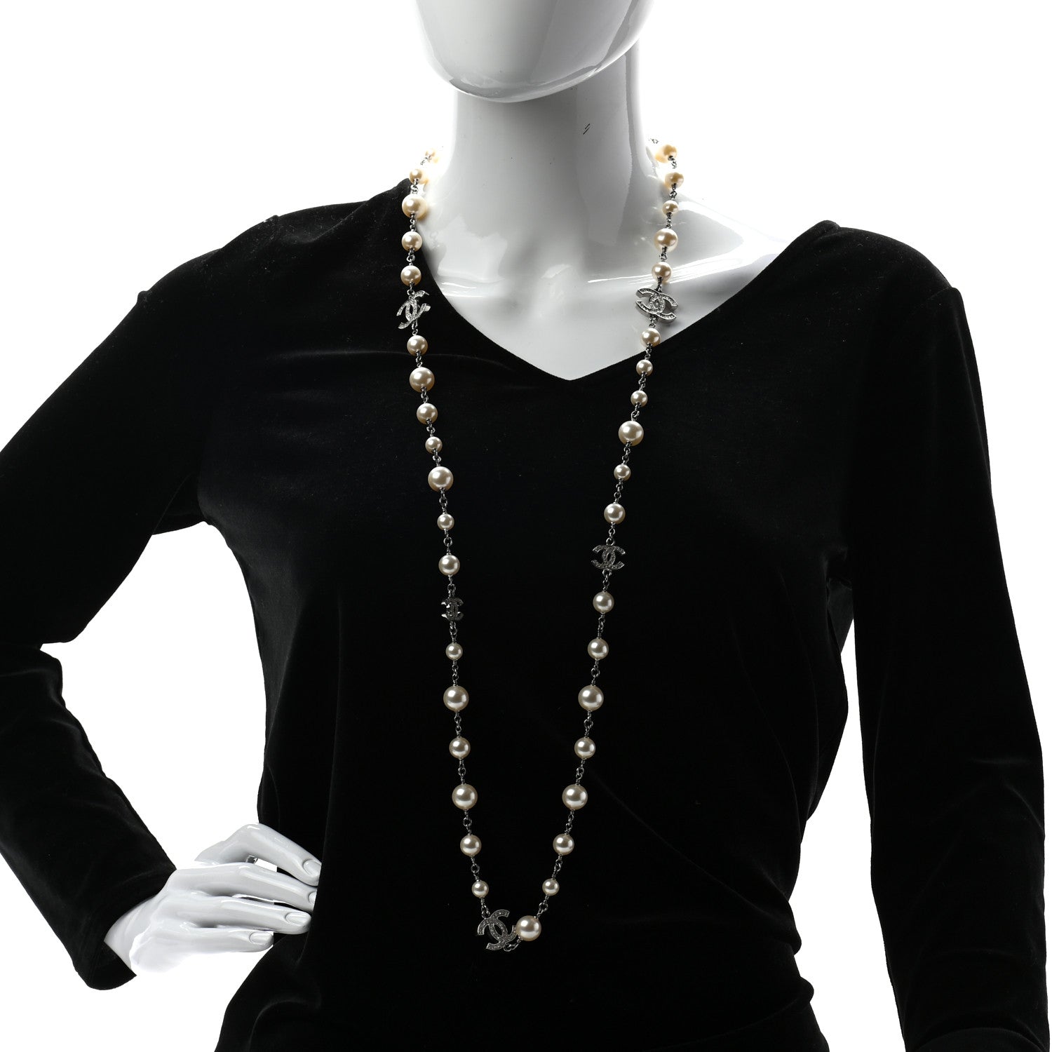 Chanel Crystal Pearl CC Long Necklace Silver 2 of 5