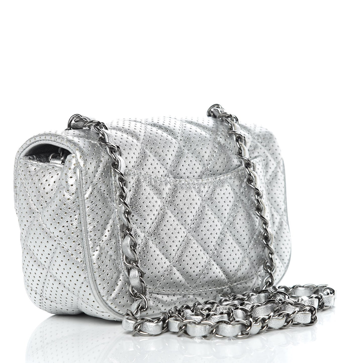 Metallic Lambskin Perforated Mini Rectangular Flap Silver