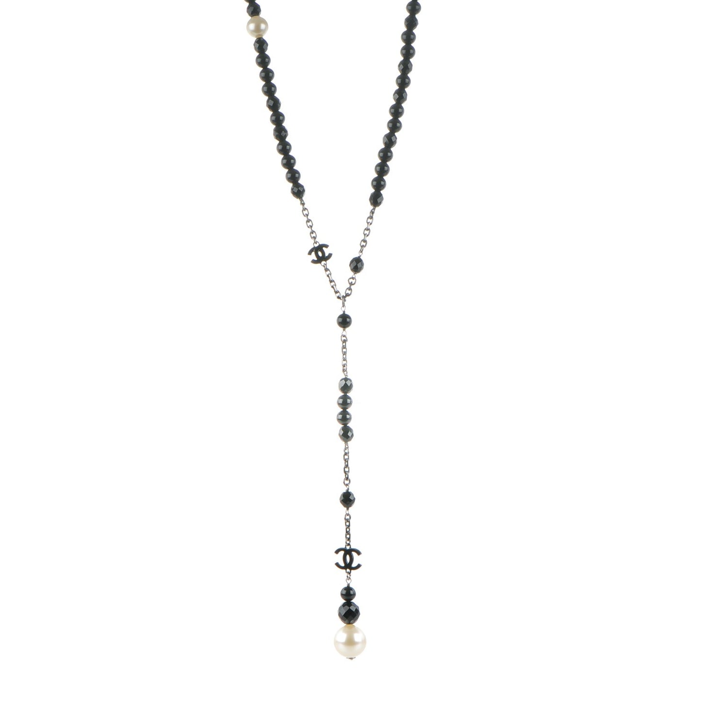Pearl Beaded CC Long Necklace Ruthenium Black