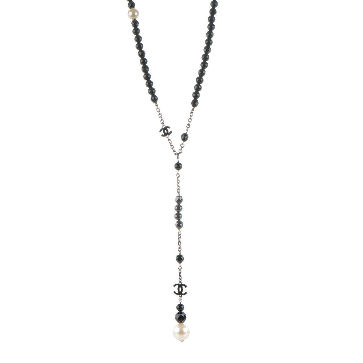 Chanel Pearl Beaded CC Long Necklace Ruthenium Black 1 of 4