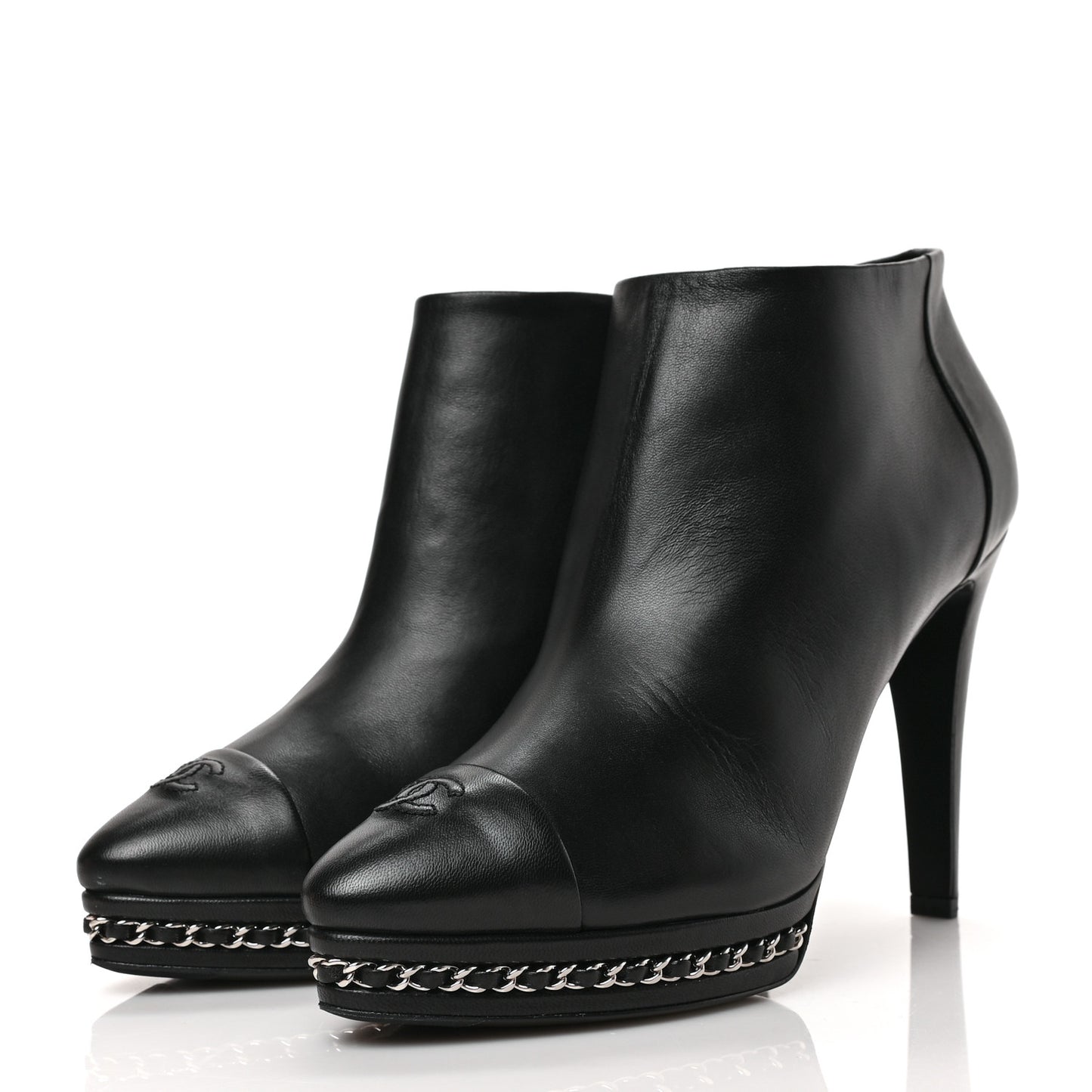 Lambskin CC Platform Cap Toe Chain Ankle Boots 40 Black