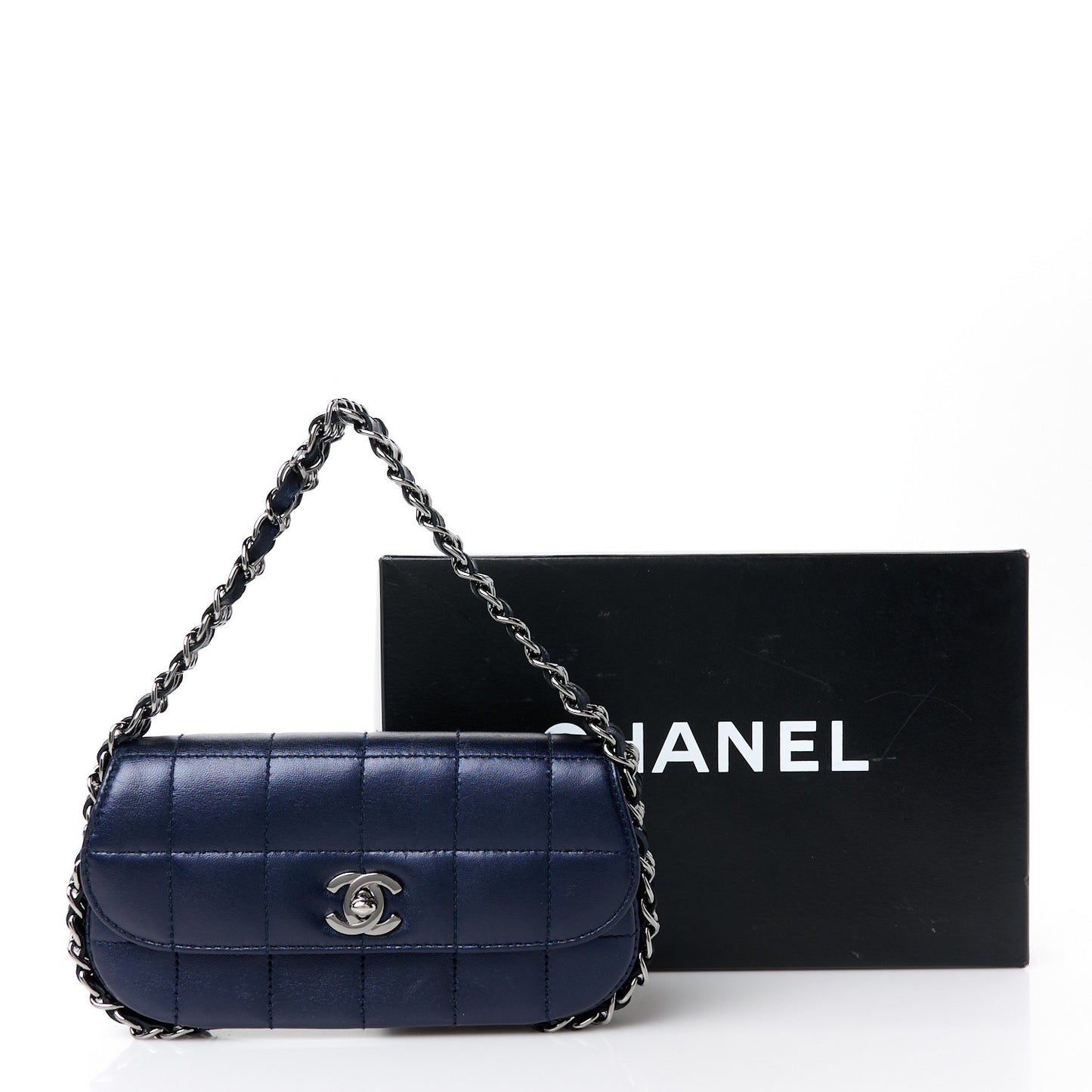 Lambskin Chocolate Bar Quilted 3 Chain Flap Navy Blue