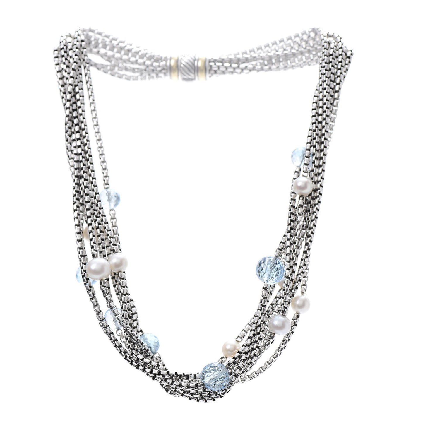 Sterling Silver 18K Yellow Gold Pearl Blue Topaz Multi Strand Necklace