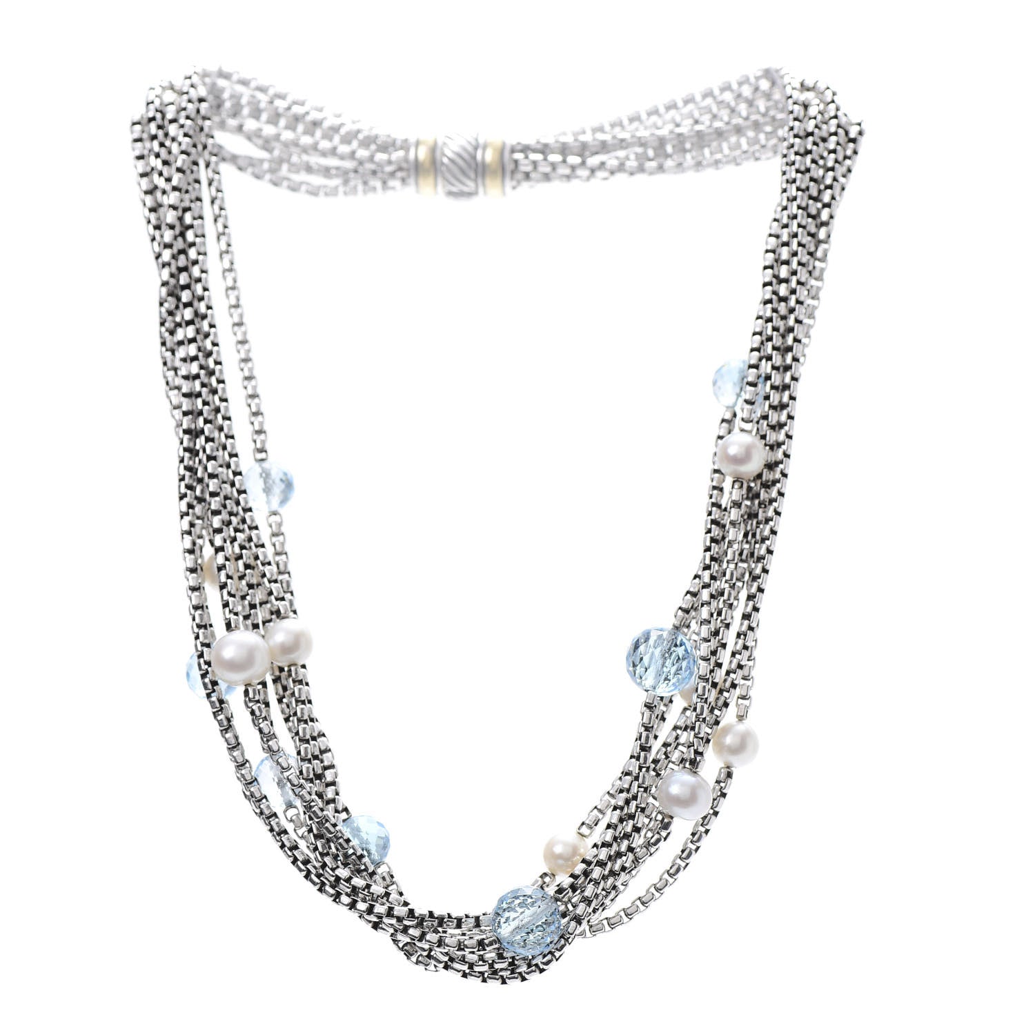 David Yurman Sterling Silver 18K Yellow Gold Pearl Blue Topaz Multi Strand Necklace 3 of 5