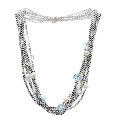 David Yurman Sterling Silver 18K Yellow Gold Pearl Blue Topaz Multi Strand Necklace 3 of 5