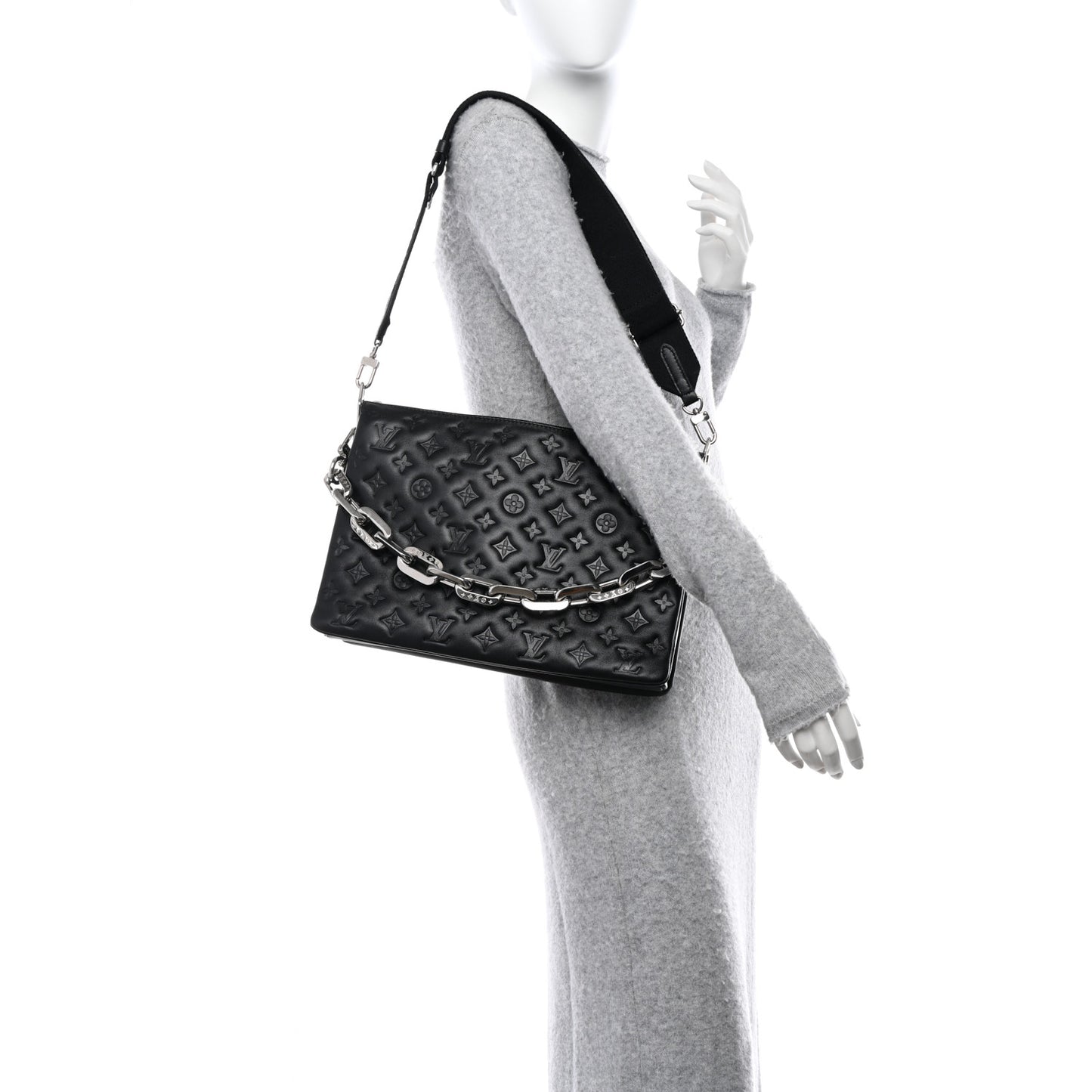 LOUIS VUITTON Lambskin Embossed Monogram Coussin MM Black