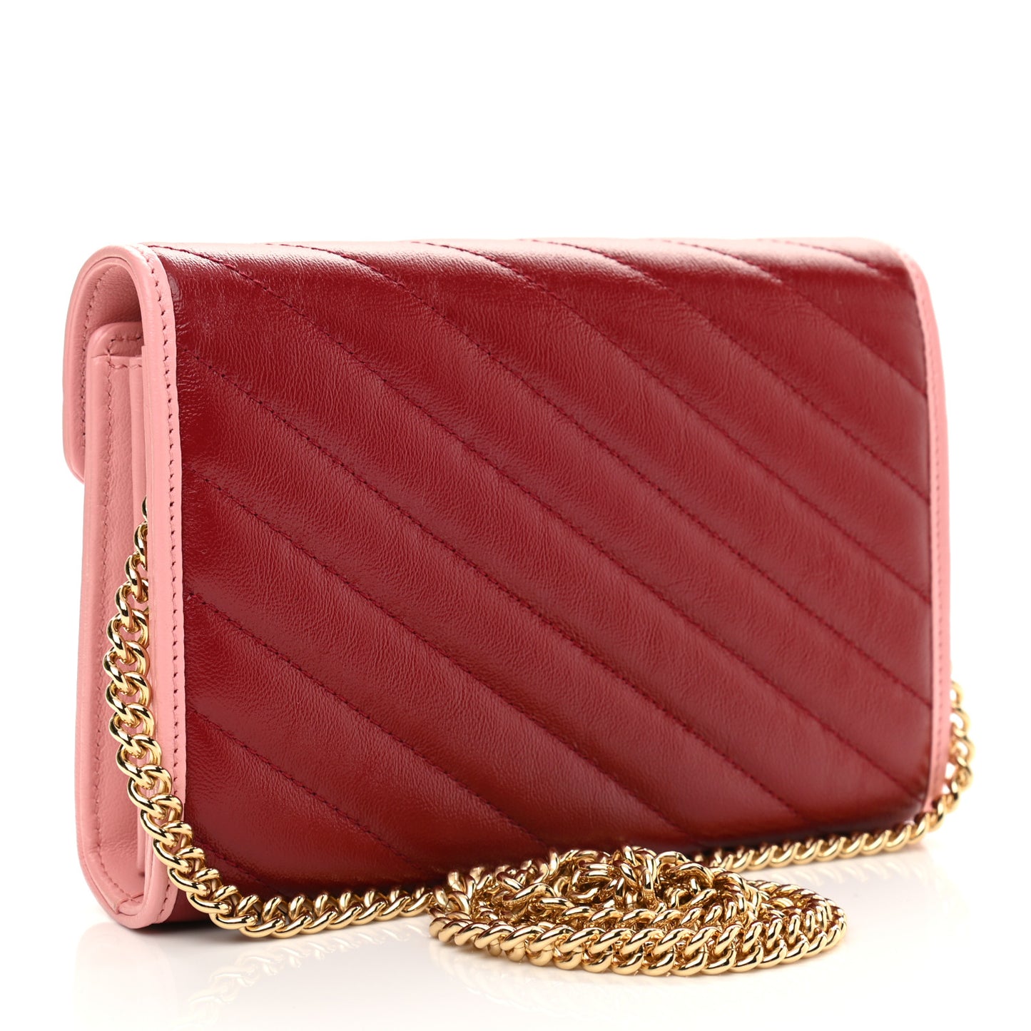 Azalea Calfskin Enamel Matelasse Diagonal Torchon GG Marmont Chain Wallet New Cherry Red Wild Rose