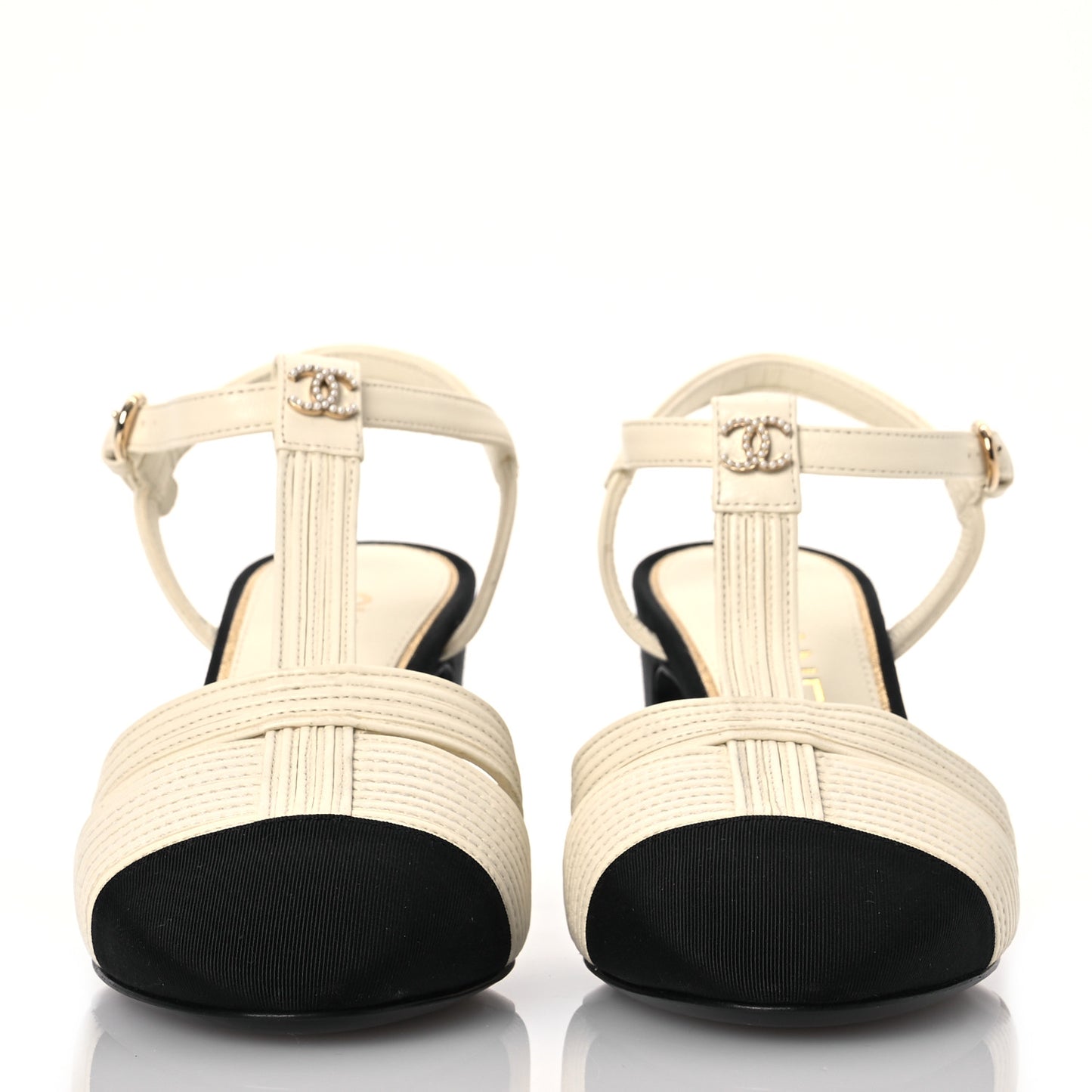 Lambskin Grosgrain Pearl CC Cap Toe Slingback Sandals 36 Ivory Black