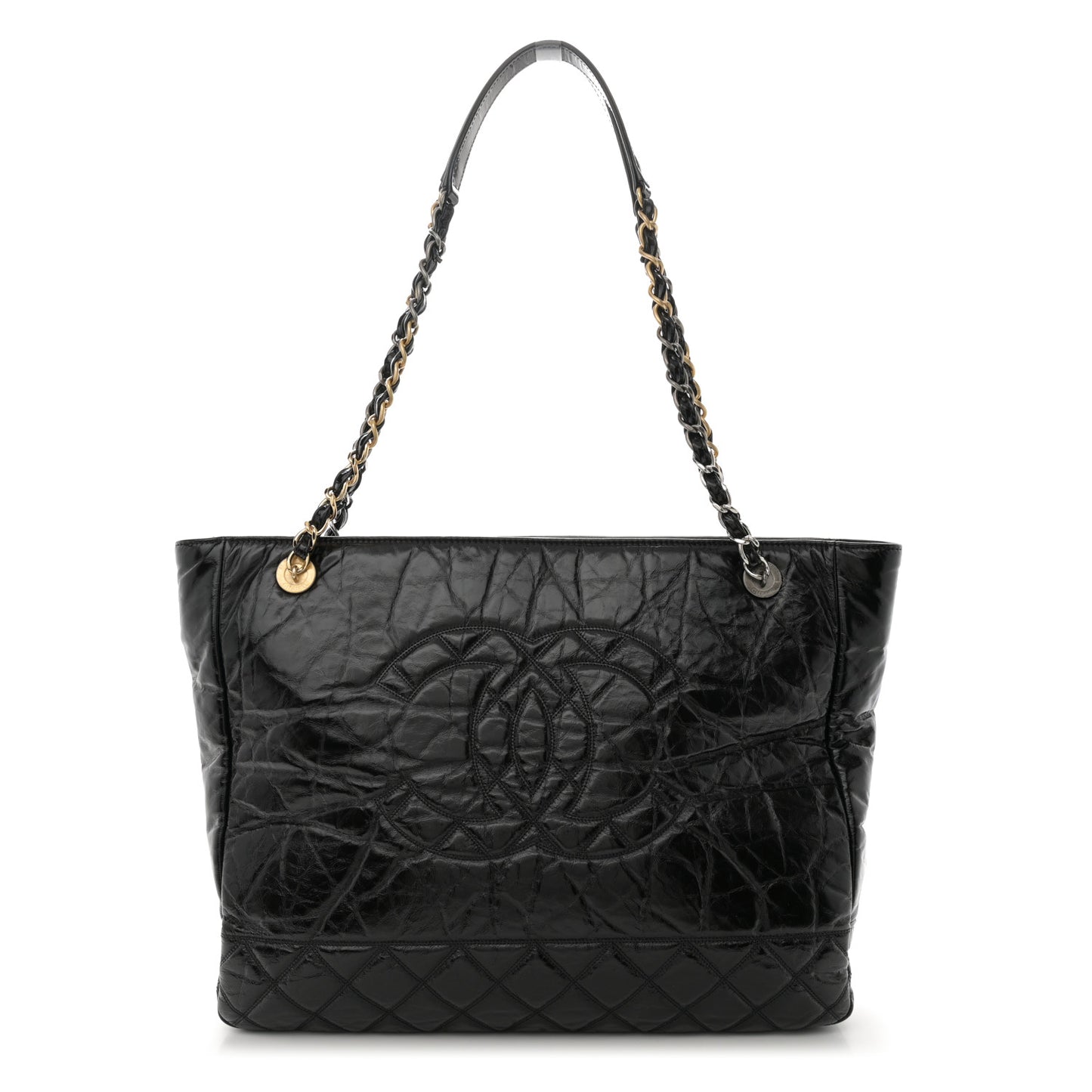 Shiny Aged Calfskin Quilted Small Shopping Bag Black