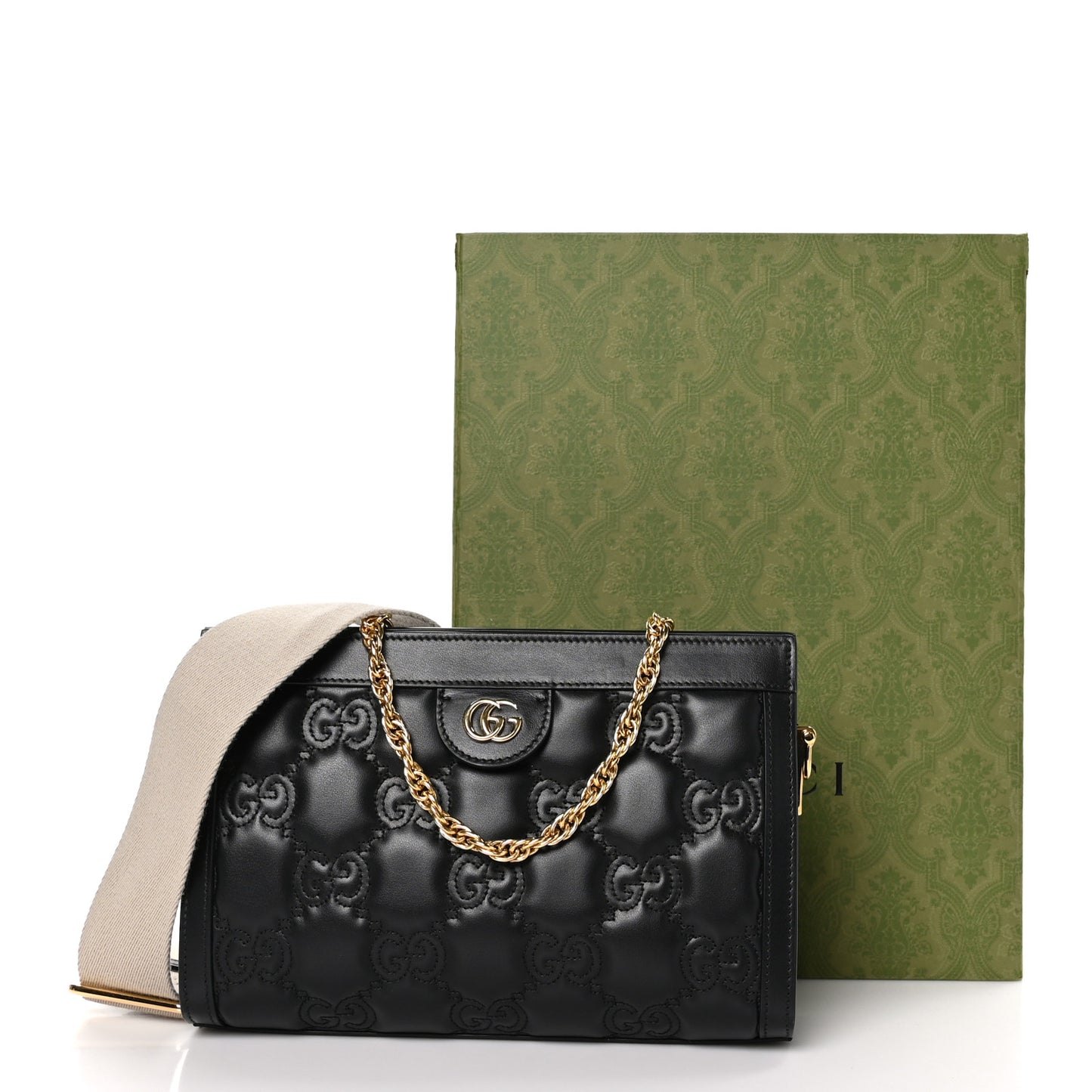 Calfskin GG Matelasse Small Slim Chain Shoulder Bag Black Natural