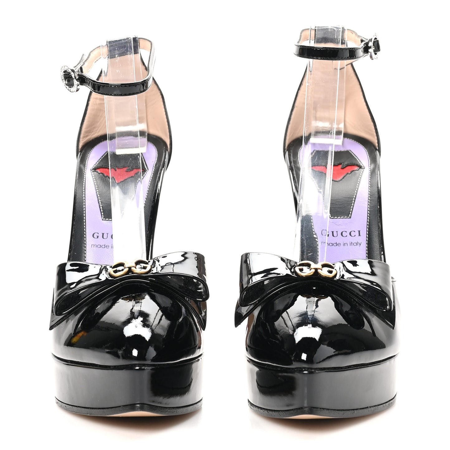 Patent Crystal GG Bow Sadie Spike Ankle Strap d'Orsay Platform High Heel Pumps 36.5 Black