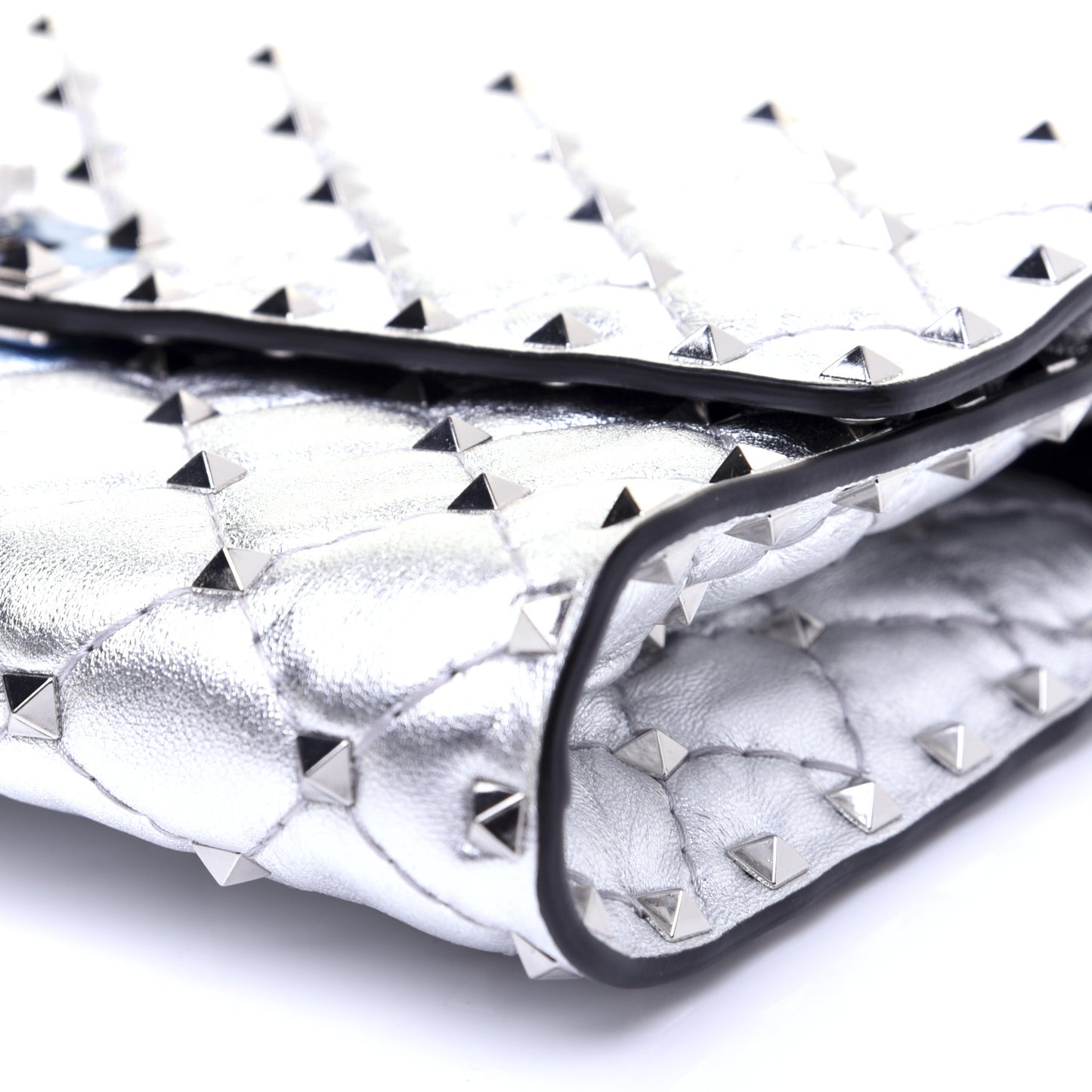 Metallic Lambskin Rockstud Spike Wallet on Chain Silver