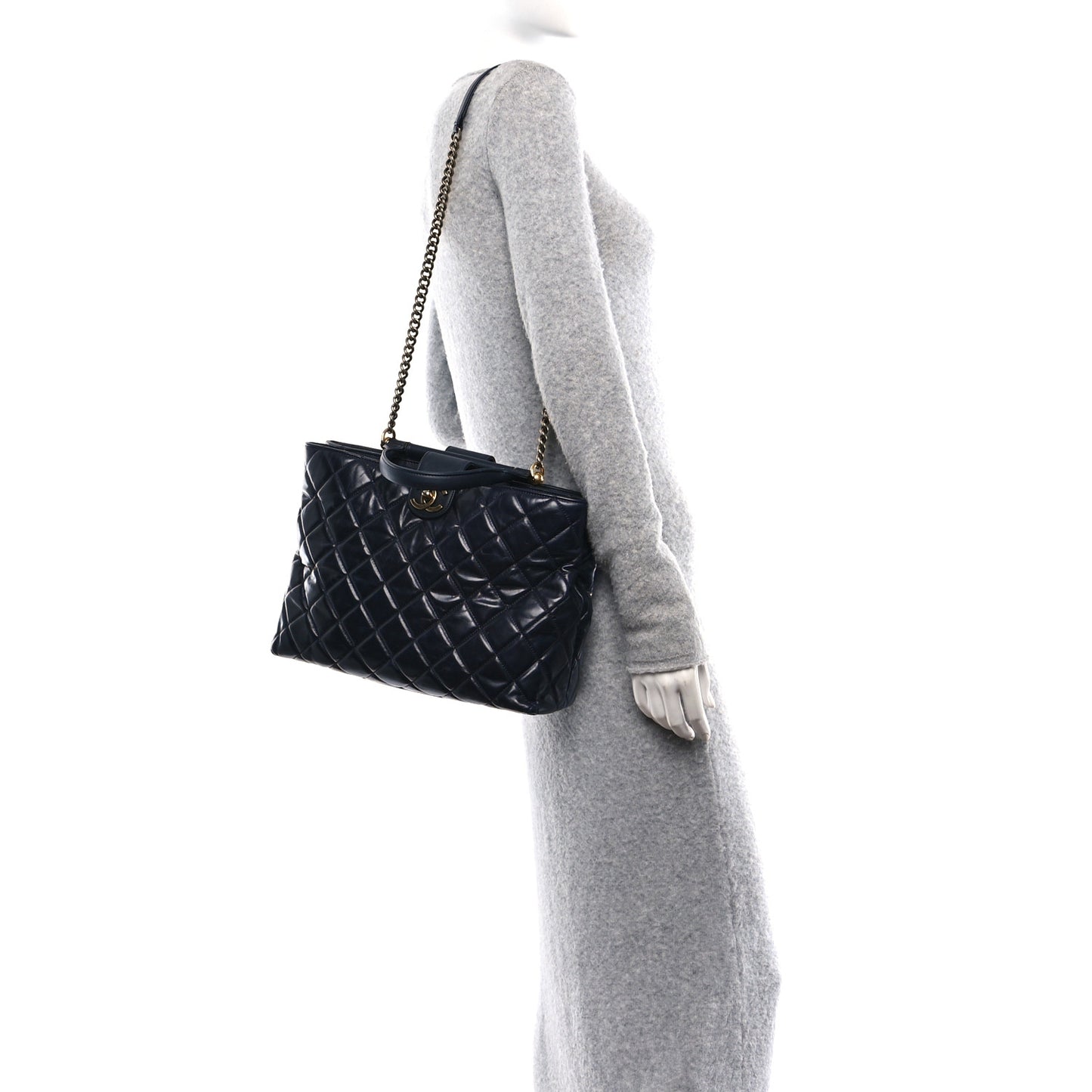 Calfskin Quilted Large Gold Bar Top Handle Tote Dark Navy Blue